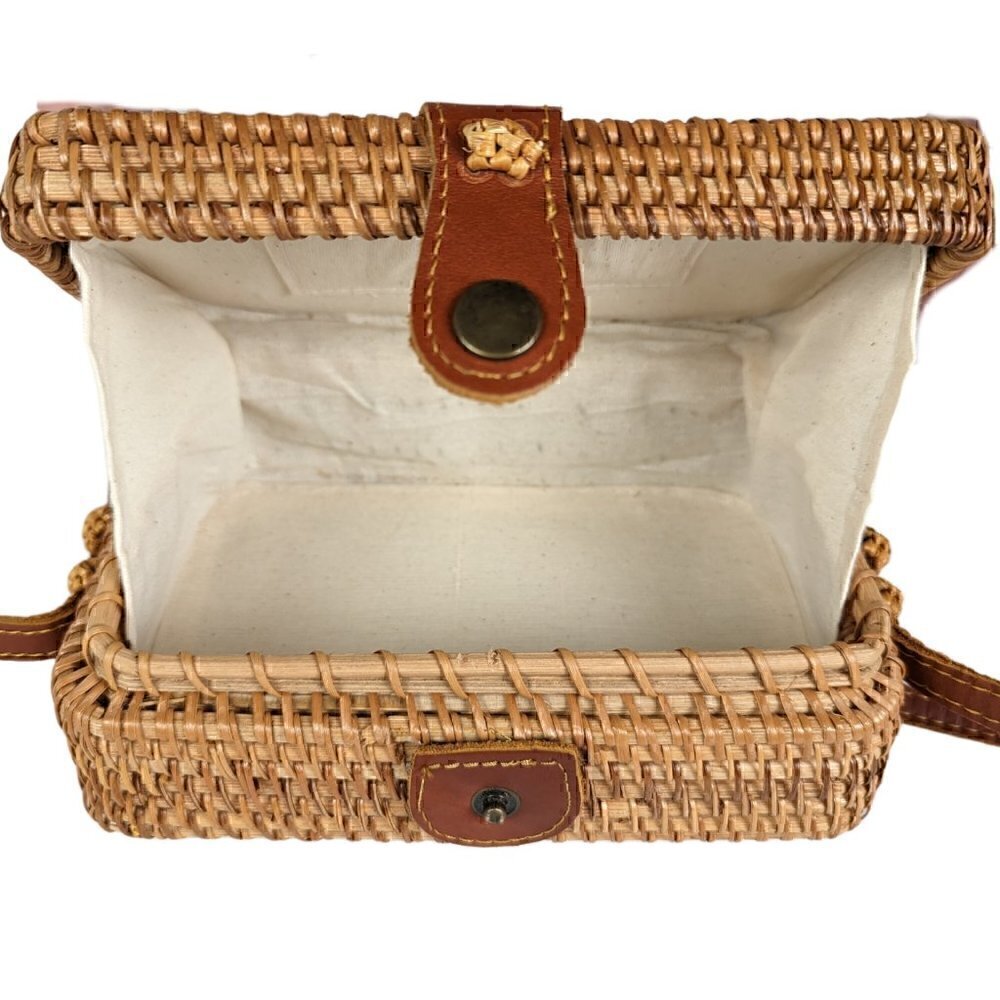 Rectangular Wicker Handbag With Leather Strap And… - image 3